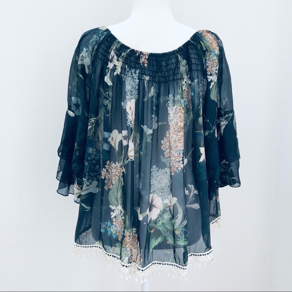 ⭐️Tempo Paris⭐️Silk Chiffon 3/4 Bell Sleeve Blouse - Picture 2 of 12